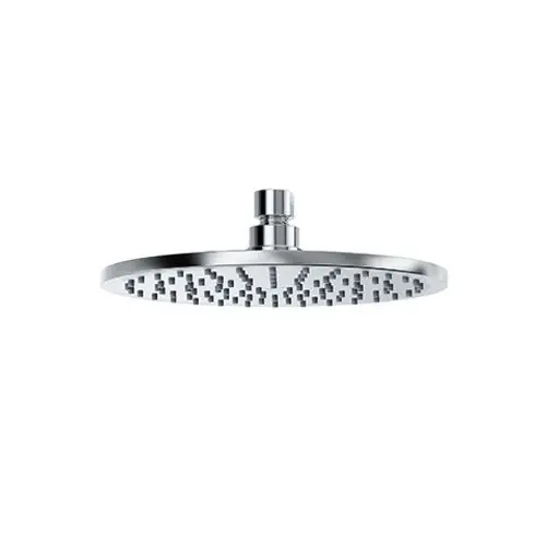 Kreisförmige, flache Duschkopfbrause in Chrom-Optik von Kludi, mit einem gleichmäßigen Muster an Wasserstrahlauslässen auf der Unterseite.